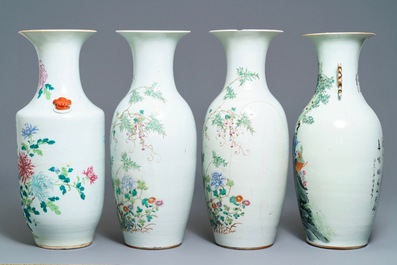 A pair and two individual Chinese famille rose vases with birds and butterflies among flowers, 19th C.