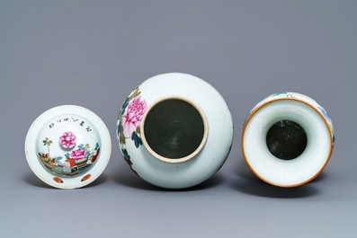 Four Chinese famille rose, verte and qianjiang cai vases, 19/20th C.