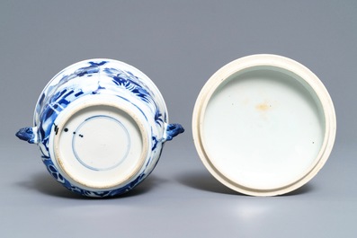 A Chinese blue and white two-handled porringer and cover, Kangxi