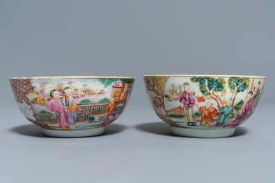 Two Chinese famille rose 'mandarin' bowls and three cups and saucers, Qianlong