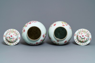 A pair of and a single Chinese famille rose covered vase with floral design, 19th C.