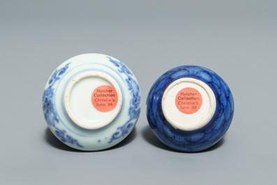 Two Chinese blue and white Hatcher Cargo bowls, two wine cups and two boxes, Transitional period