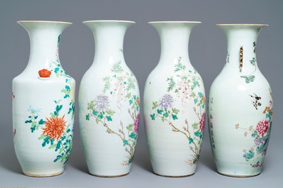 A pair and two individual Chinese famille rose vases with birds and butterflies among flowers, 19th C.