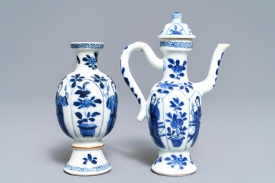 Une verseuse couverte et un vase &agrave; d&eacute;cor de 'Longues Dames' en porcelaine de Chine bleu et blanc, Kangxi