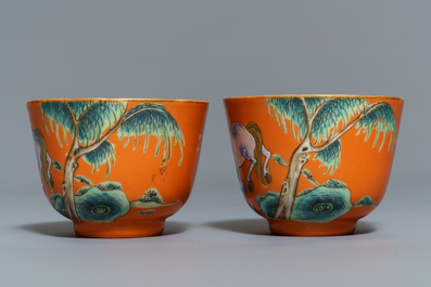 Five sets of Chinese famille rose cups and saucers and a pair of cups with horses, 19/20th C.