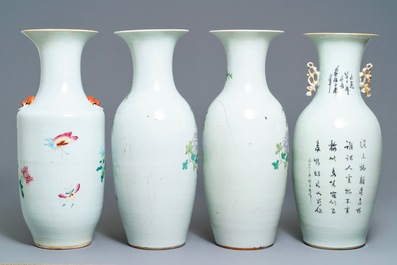 A pair and two individual Chinese famille rose vases with birds and butterflies among flowers, 19th C.