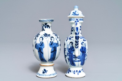 Une verseuse couverte et un vase &agrave; d&eacute;cor de 'Longues Dames' en porcelaine de Chine bleu et blanc, Kangxi