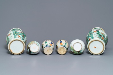 Six vases en porcelaine de Chine famille rose et verte, 19&egrave;me