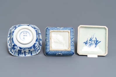 A Chinese blue and white square box and cover and a bowl, Chenghua mark, Kangxi