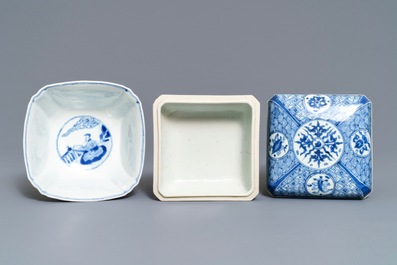 A Chinese blue and white square box and cover and a bowl, Chenghua mark, Kangxi