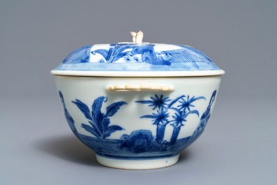 A Chinese blue and white 'Long Eliza' covered bowl on stand, Chenghua mark, Kangxi