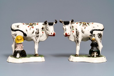 Twee paar Delftse koeien en een Habaner kan met tinmontuur, 18e eeuw