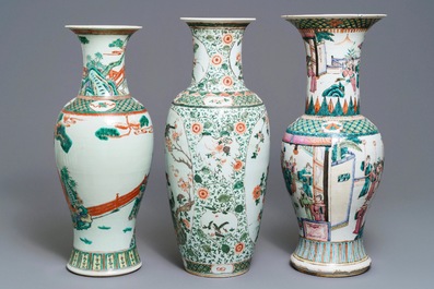 Three Chinese famille rose and verte vases, 19/20th C.