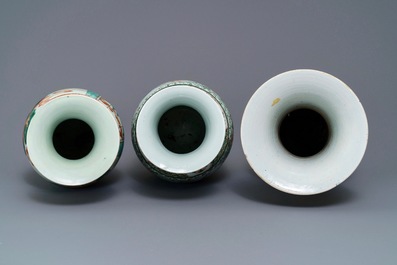 Three Chinese famille rose and verte vases, 19/20th C.