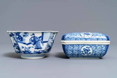 A Chinese blue and white square box and cover and a bowl, Chenghua mark, Kangxi