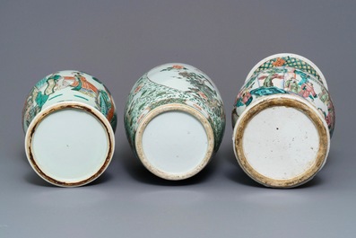 Three Chinese famille rose and verte vases, 19/20th C.