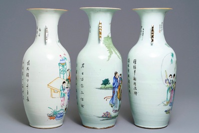 Trois vases en porcelaine de Chine famille rose, 19/20&egrave;me