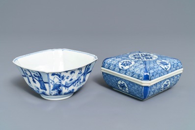 A Chinese blue and white square box and cover and a bowl, Chenghua mark, Kangxi