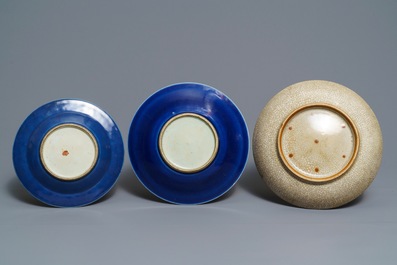 Two Chinese monochrome blue and one ge-type crackle-glazed dish, 18/19th C.