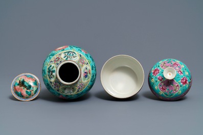 A collection of Chinese famille rose Peranakan or Straits market cups and saucers and a vase, 19th C.