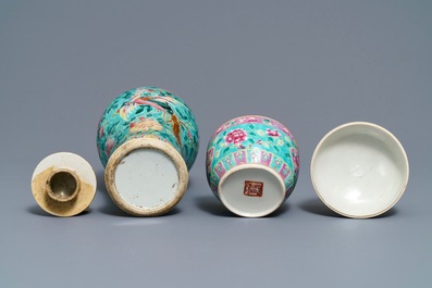 A collection of Chinese famille rose Peranakan or Straits market cups and saucers and a vase, 19th C.