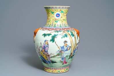 A large Chinese famille rose vase with figures in a landscape, Qianlong mark, 20th C.