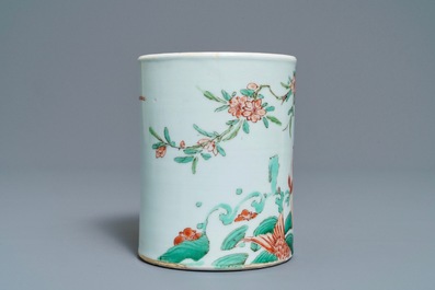 A Chinese famille verte 'carps' brush pot, Kangxi