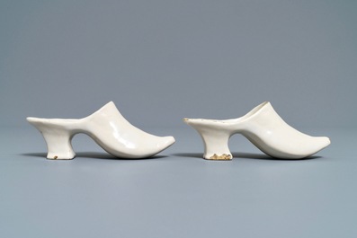 A pair of white Dutch Delft models of slippers, 18th C.
