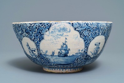 A fine and large Dutch Delft blue and white 'maritime subject' bowl depicting Atlas, 18th C.