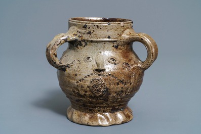 A rare German stoneware pointed nose jug, Raeren, 1st half 16th C.