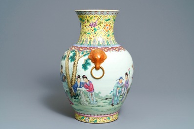 A large Chinese famille rose vase with figures in a landscape, Qianlong mark, 20th C.