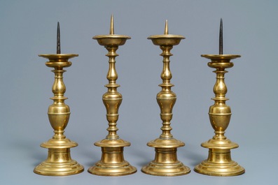 Two pairs of Dutch or Flemish bronze pricket candlesticks, 17th C.