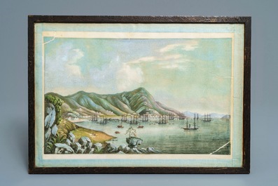 Tingqua (Canton, ca. 1809-1870), studio: Une vue sur le port de Hong Kong, gouache sur papier de riz, vers 1845-1855