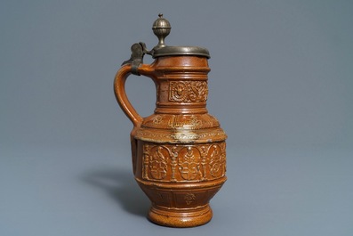 A pewter-mounted stoneware 'Kurfursten' jug, Raeren, dated 1603