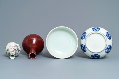 Two Chinese famille verte and sang de boeuf vases and a blue and white 'cranes' box, 19th C.