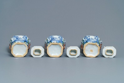A polychrome Dutch Delft five-piece garniture with romantic design, 18th C.