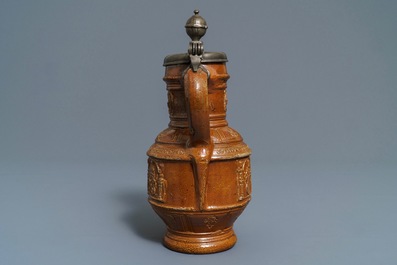 Een steengoed 'keurvorsten' kruik met tinnen deksel, Raeren, gedat. 1603