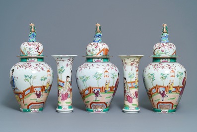 Une garniture de cinq vases de style famille rose, Bayeux, France, 19&egrave;me