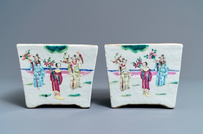 A pair of Chinese famille rose jardini&egrave;res and two celadon bowls, 19th C.