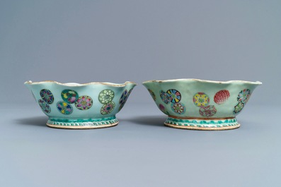 A pair of Chinese famille rose jardini&egrave;res and two celadon bowls, 19th C.