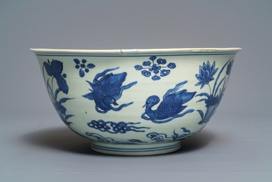 A Chinese blue and white 'mandarin ducks' bowl, Wanli mark and of the period