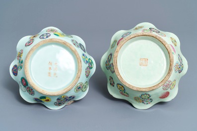 A pair of Chinese famille rose jardini&egrave;res and two celadon bowls, 19th C.