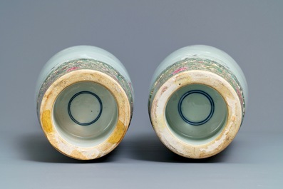 A pair of large Chinese famille rose 'immortals and cranes' vases, Republic, 20th C.