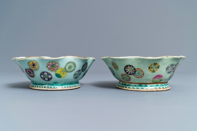 A pair of Chinese famille rose jardini&egrave;res and two celadon bowls, 19th C.