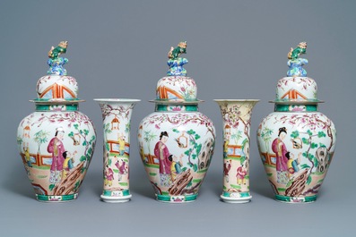 A Bayeux famille rose-style five-piece chinoiserie garniture, France, 19th C.