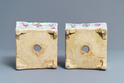 A pair of Chinese famille rose jardini&egrave;res and two celadon bowls, 19th C.