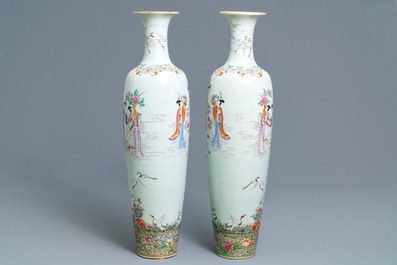 A pair of large Chinese famille rose 'immortals and cranes' vases, Republic, 20th C.