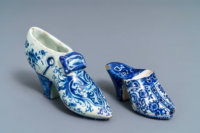 Two Dutch Delft blue and white models of slippers, one dated 1708, 18th C.