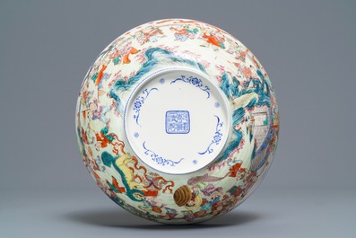 A Chinese famille rose '100 boys' eggshell bowl, Qianlong mark, 20th C.