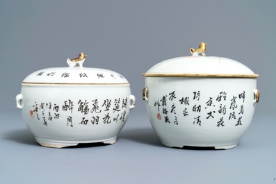 Twee Chinese qianjiang cai dekselkommen met decor van vogels, 19/20e eeuw